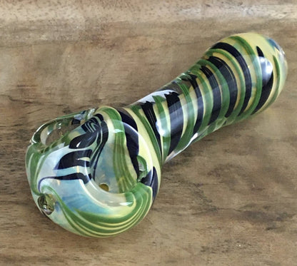 Double Bowl Spiral Wrapped in Green & Black Hand Pipe - SGS - Oregon Glass