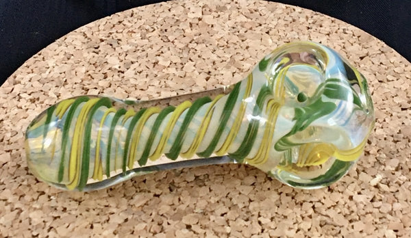 Double Bowl Spiral Wrapped in Green & Yellow Hand Pipe - SGS - Oregon Glass
