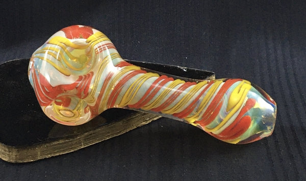 Double Bowl Spiral Wrapped in Red & Yellow Hand Pipe - SGS - Oregon Glass