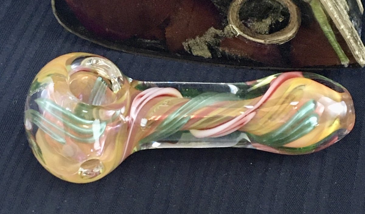 Single Bowl Spiral Wrapped in Pink & Green Hand Pipe - SGS - Oregon Glass