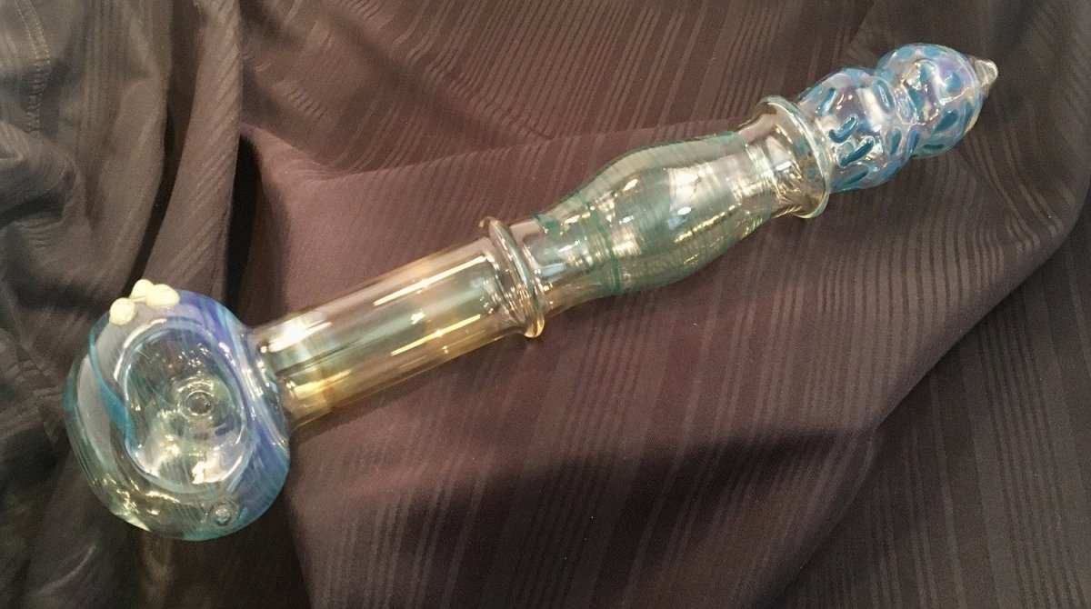 XXL Spoon Pipe - Fumed with Teal Stripes and Spots - SGS - SGS